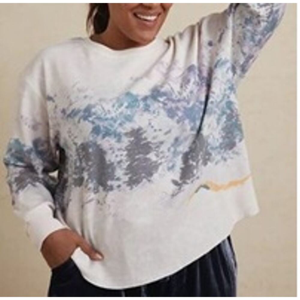 Anthropologie Waffle Knit Long Sleeve Top Abstract Landscape Print Women’s M